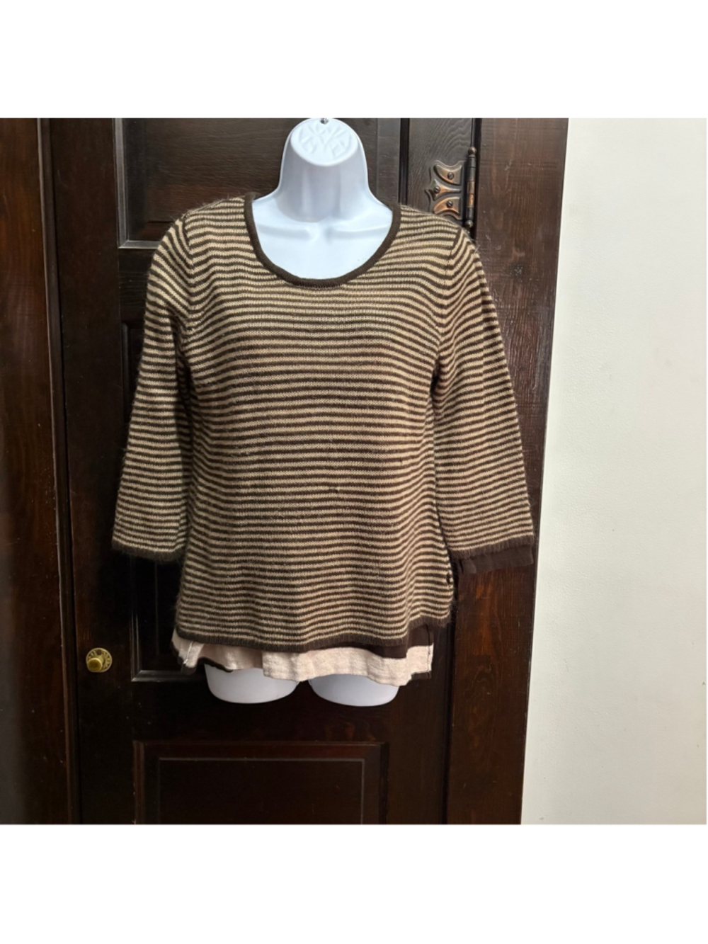 (118) Liz Claiborne Medium Brown Striped Layered Sweater Top